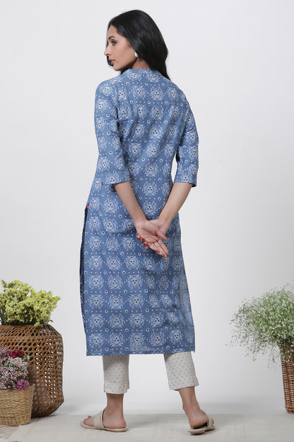 Blue Printed Casual Kurta And Slim Pants Set