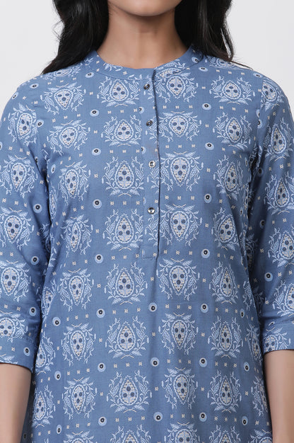 Blue Printed Casual Kurta And Slim Pants Set
