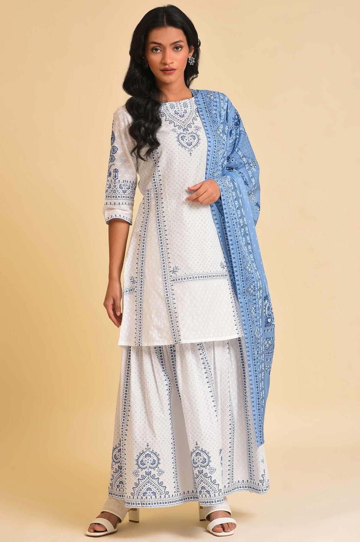 White Printed A-Line Short kurta, Sharara & Dupatta Set - XS
