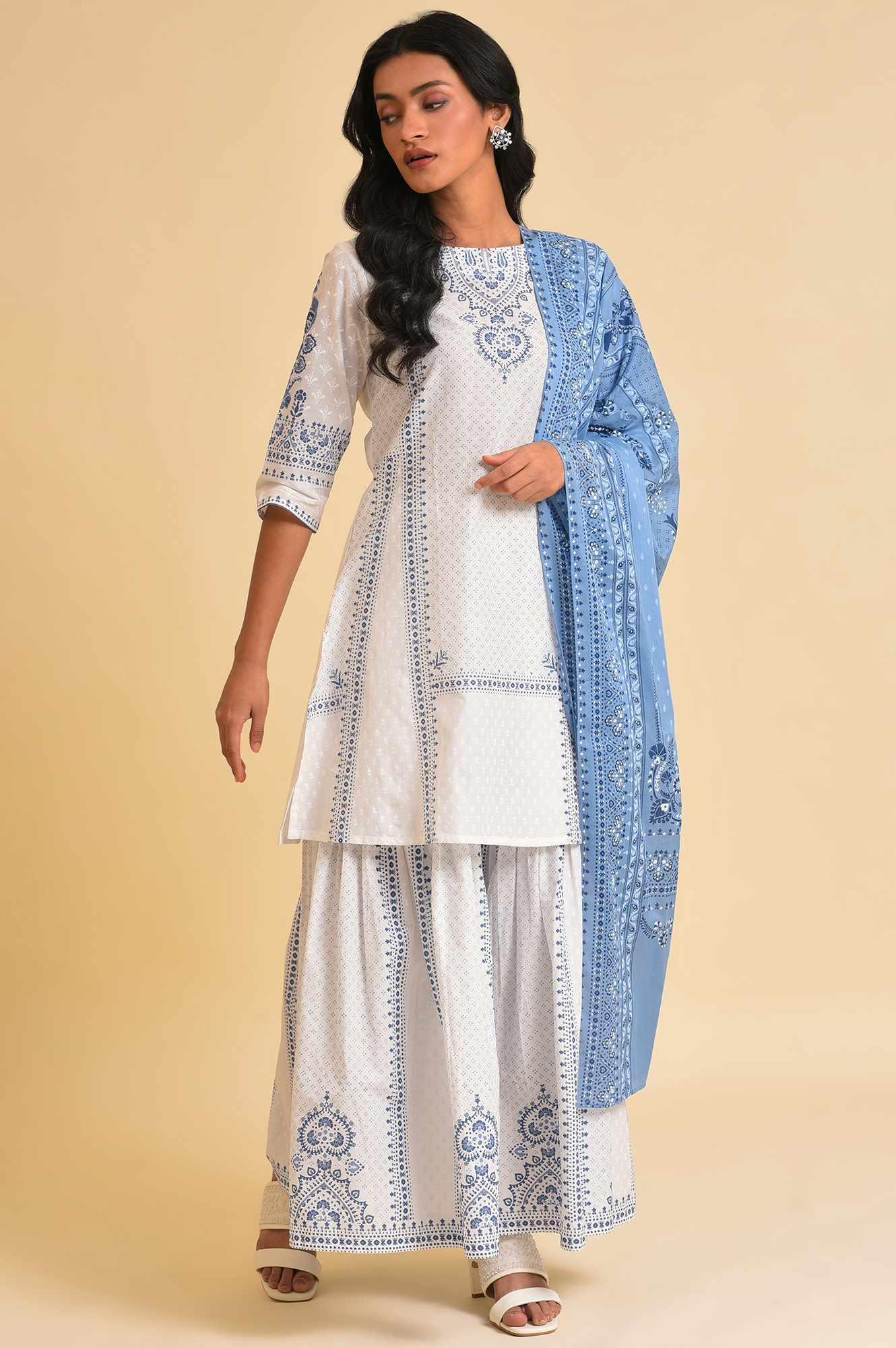 White Printed A-Line Short kurta, Sharara &amp; Dupatta Set - wforwoman