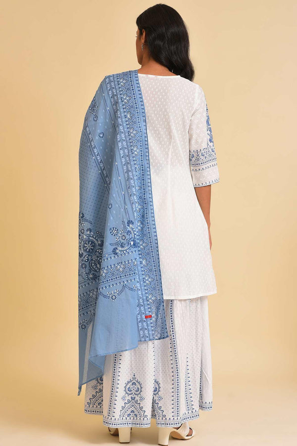 White Printed A-Line Short kurta, Sharara & Dupatta Set