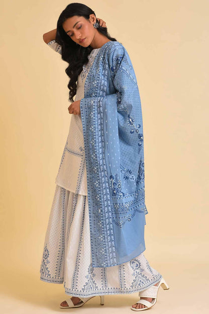 White Printed A-Line Short kurta, Sharara &amp; Dupatta Set - wforwoman