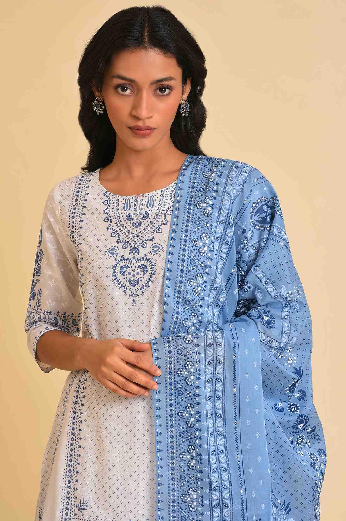 White Printed A-Line Short kurta, Sharara &amp; Dupatta Set - wforwoman