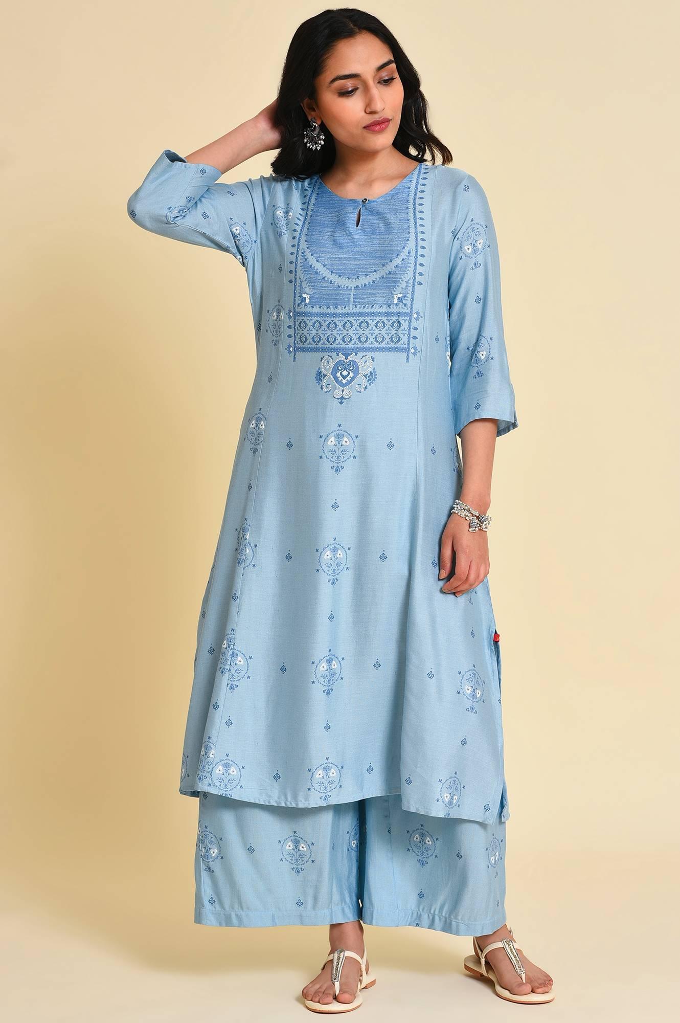 Blue Printed kurta Co-Ord Set - wforwoman