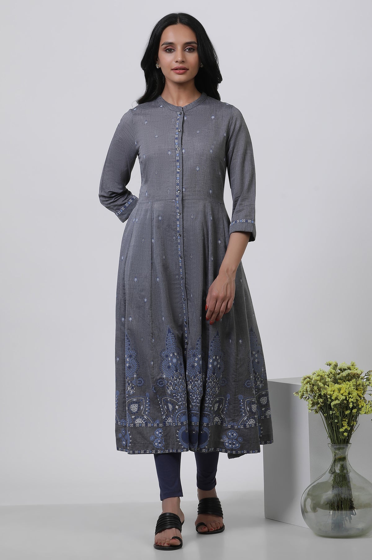 Grey Printed Flared Kurta And Tights Set - XS