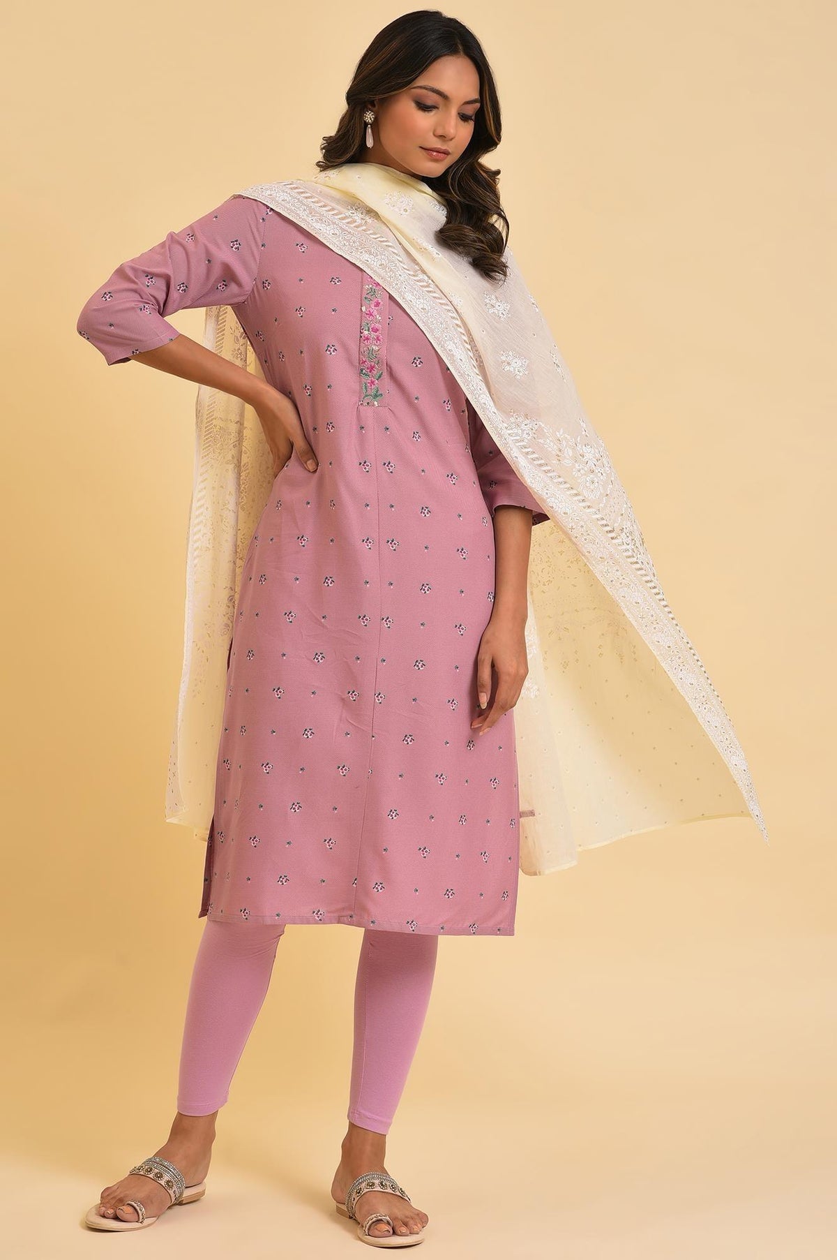 Light Purple Printed kurta, Tights & Dupatta Set - XS