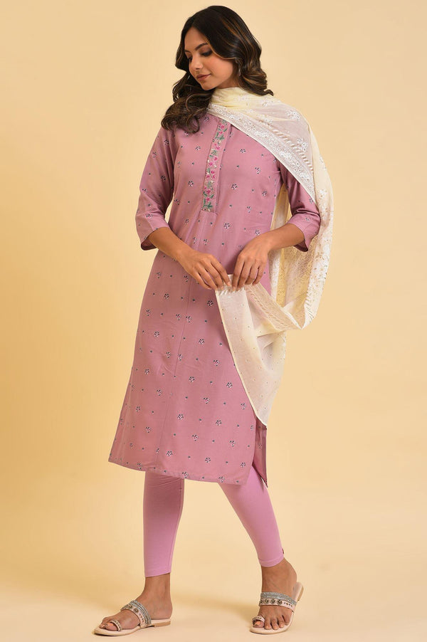 Light Purple Printed kurta, Tights & Dupatta Set