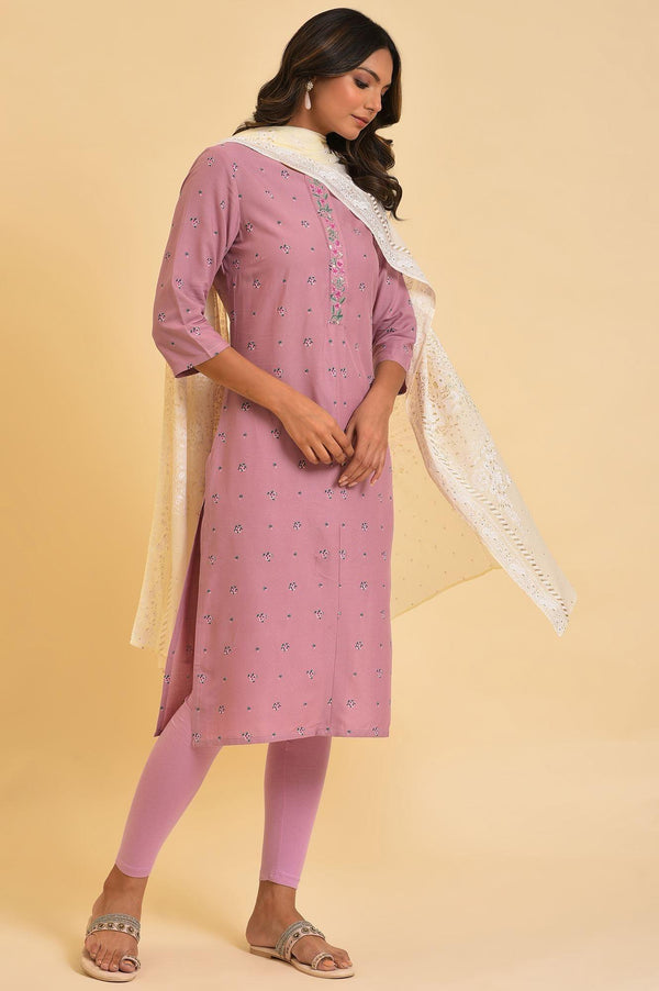 Light Purple Printed kurta, Tights & Dupatta Set