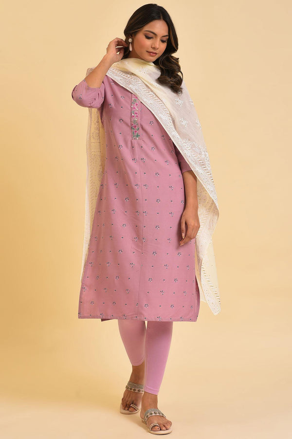 Light Purple Printed kurta, Tights & Dupatta Set