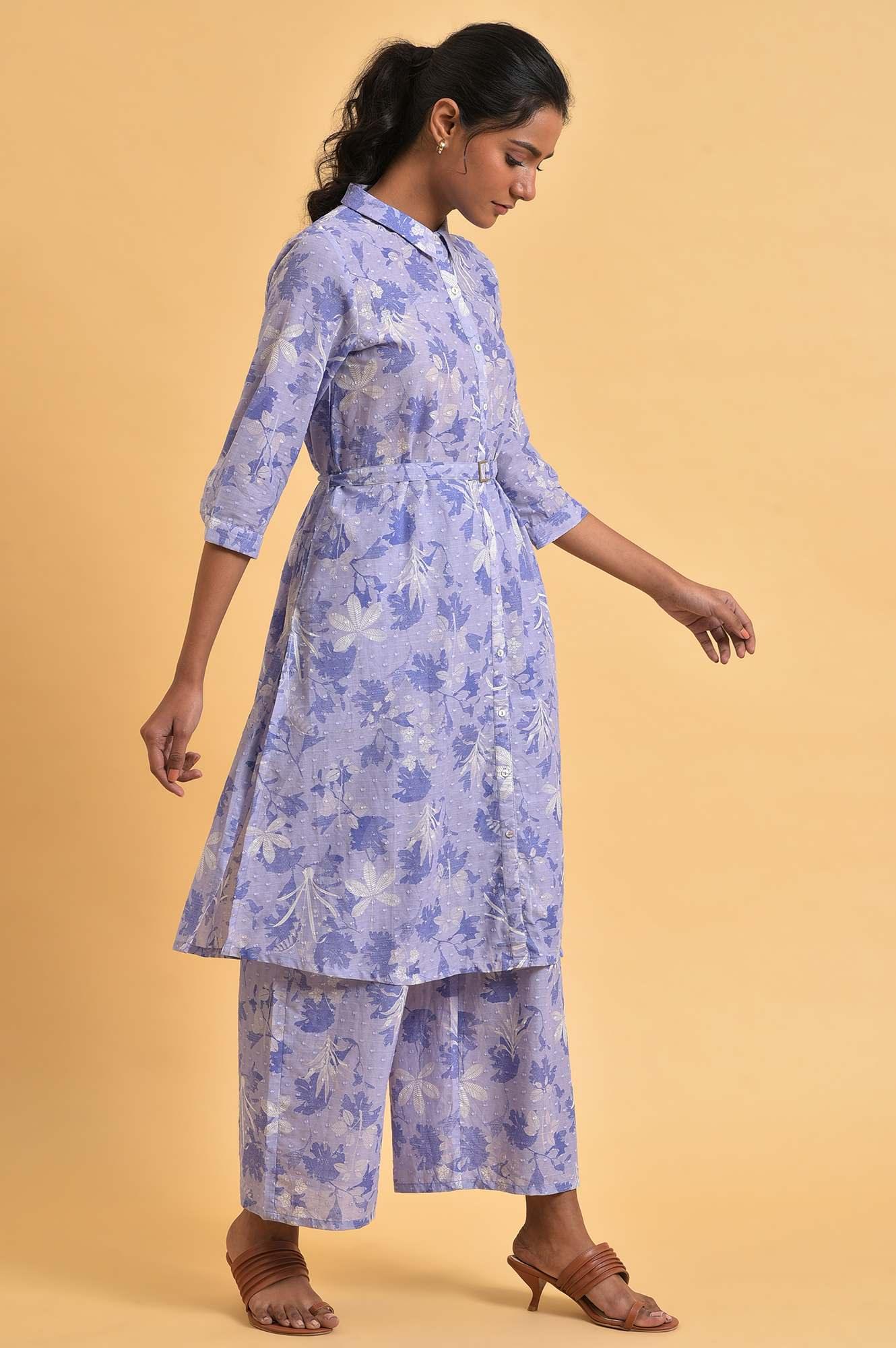 Plus Size Blue Floral Printed Women Co-Ord Set - wforwoman