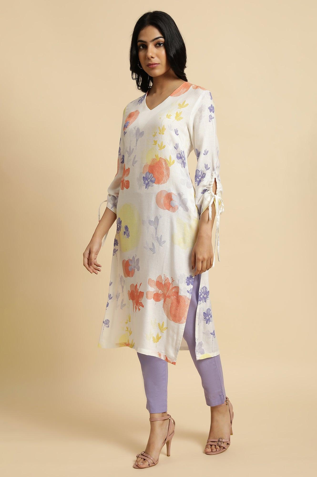 Ecru Floral Printed kurta Set - wforwoman