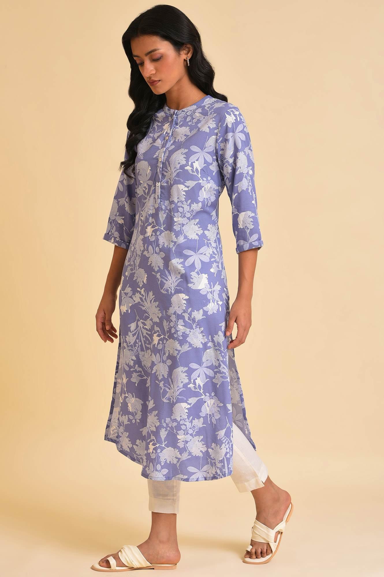 Blue Floral Printed kurta &amp; Pants Set - wforwoman