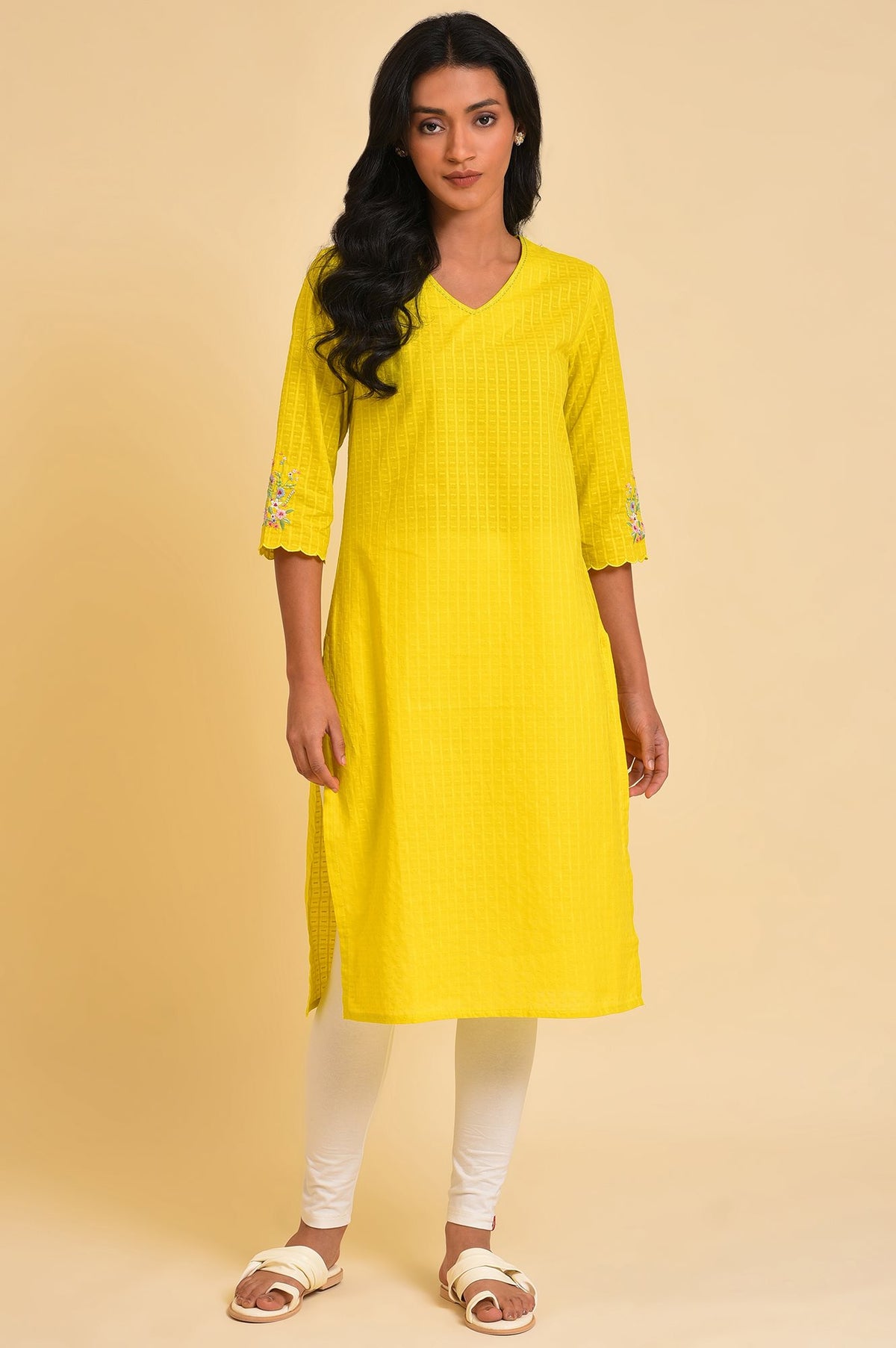 Yellow Dobby Textured Kurta And Tights Set - XS