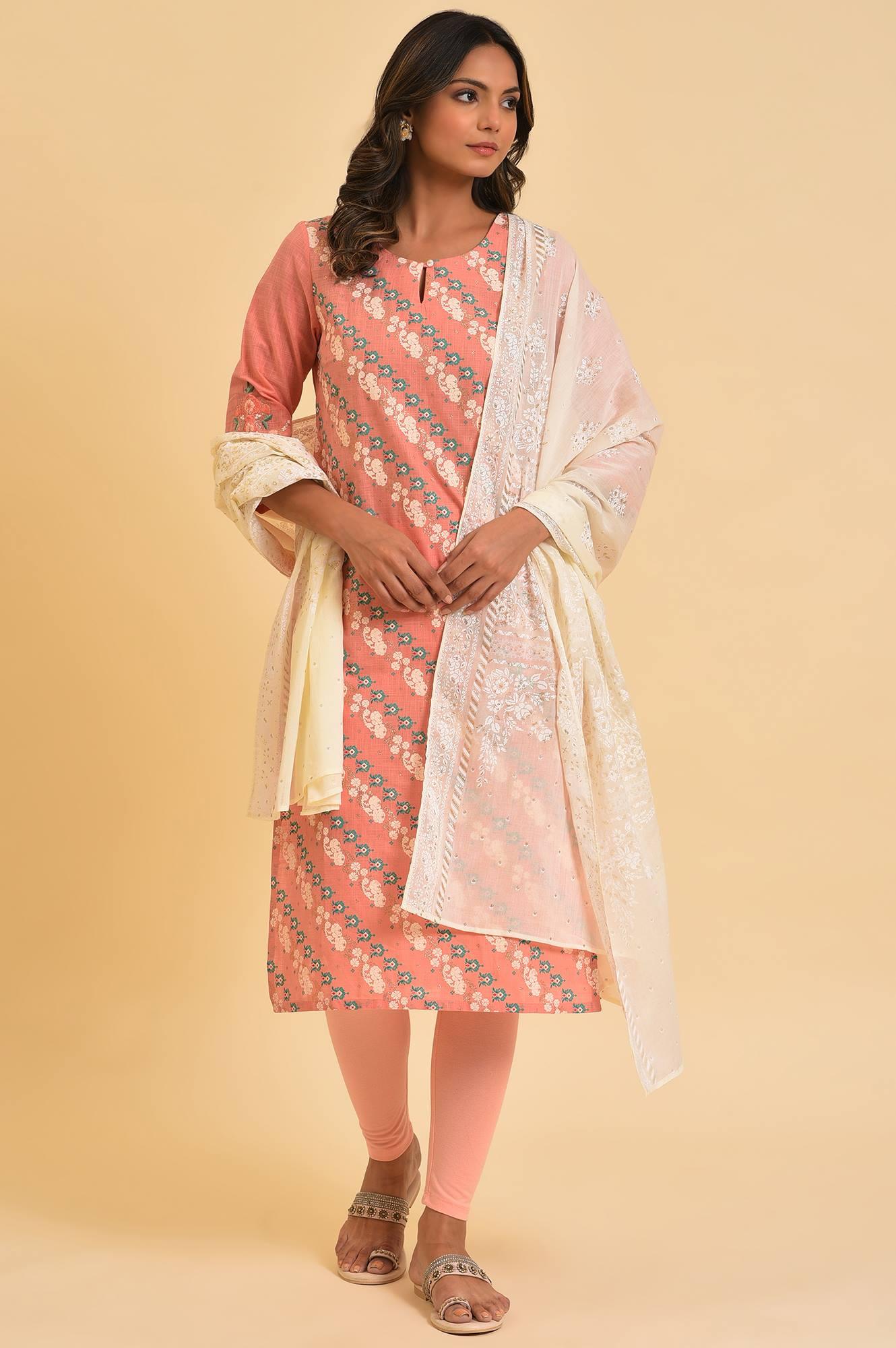 Peach Glitter Printed kurta, Tights &amp; Dupatta Set - wforwoman