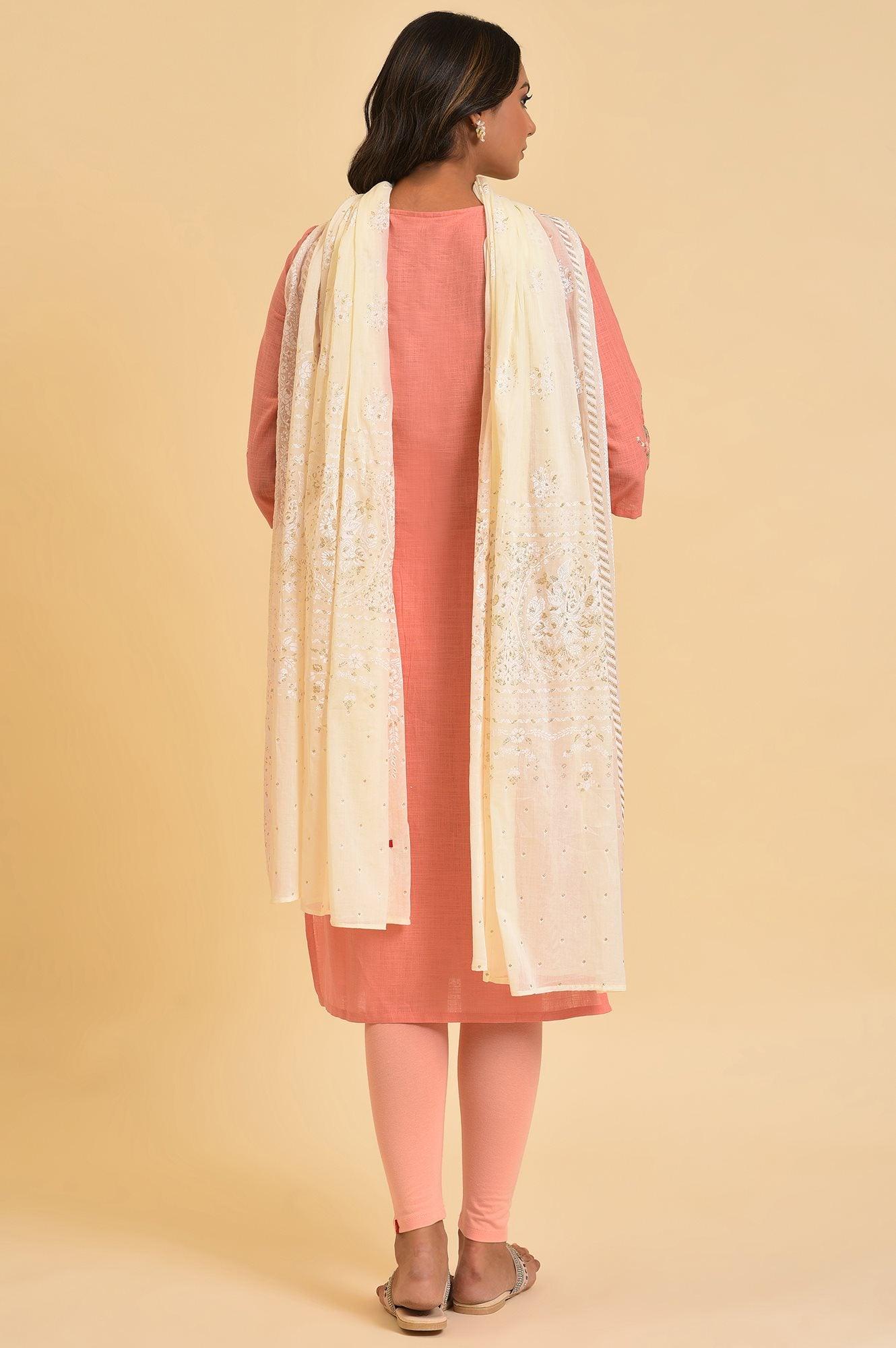 Peach Glitter Printed kurta, Tights &amp; Dupatta Set - wforwoman