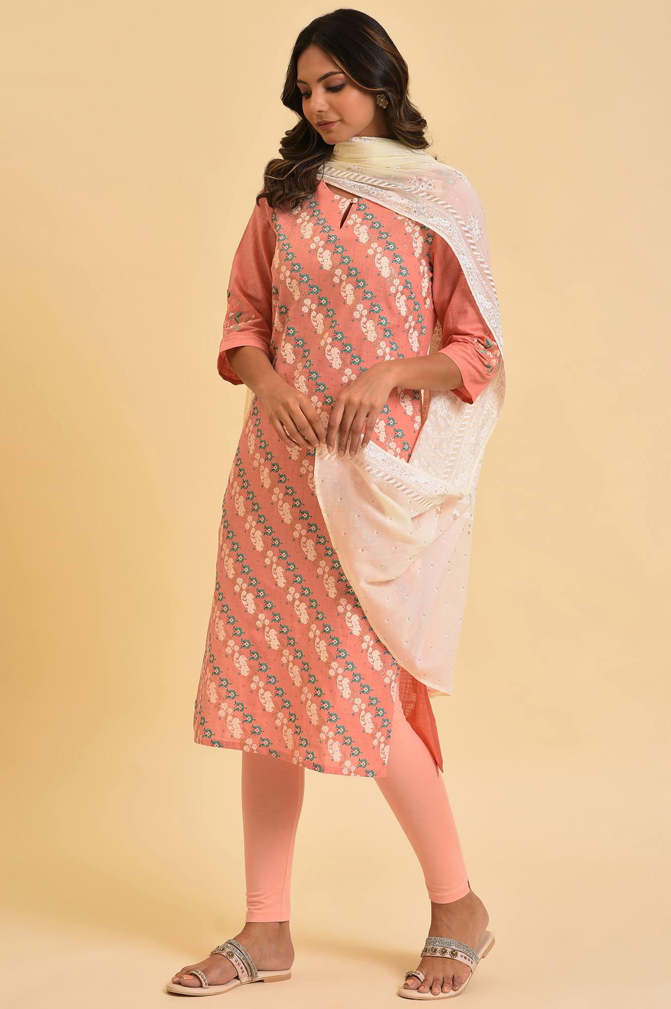 Peach Glitter Printed kurta, Tights &amp; Dupatta Set - wforwoman