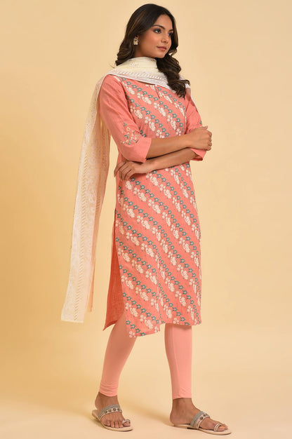 Peach Glitter Printed kurta, Tights &amp; Dupatta Set - wforwoman