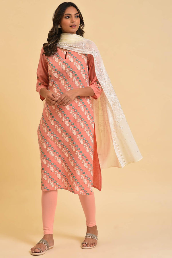 Peach Glitter Printed kurta, Tights & Dupatta Set
