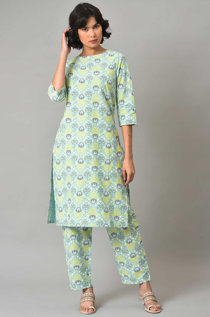 Light Green Printed kurta And Pants Co-Ord Set - wforwoman