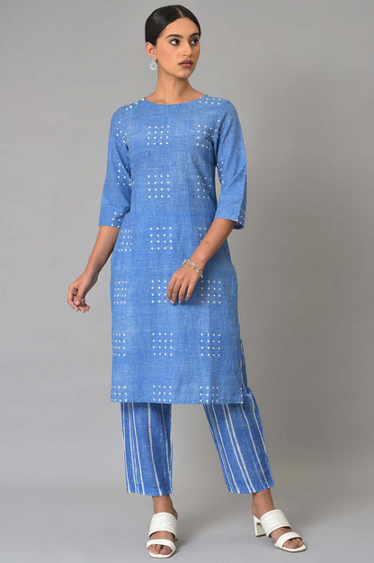 Blue Printed Kurta And Pants Co-Ord Set - wforwoman