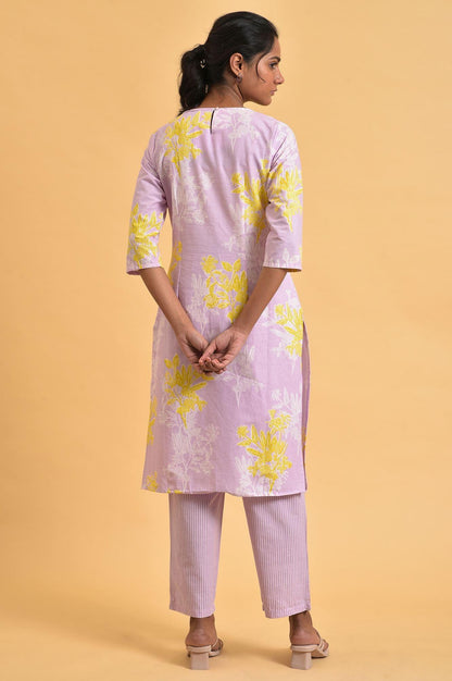 Light Purple Floral Print kurta Co-Ord Set - wforwoman