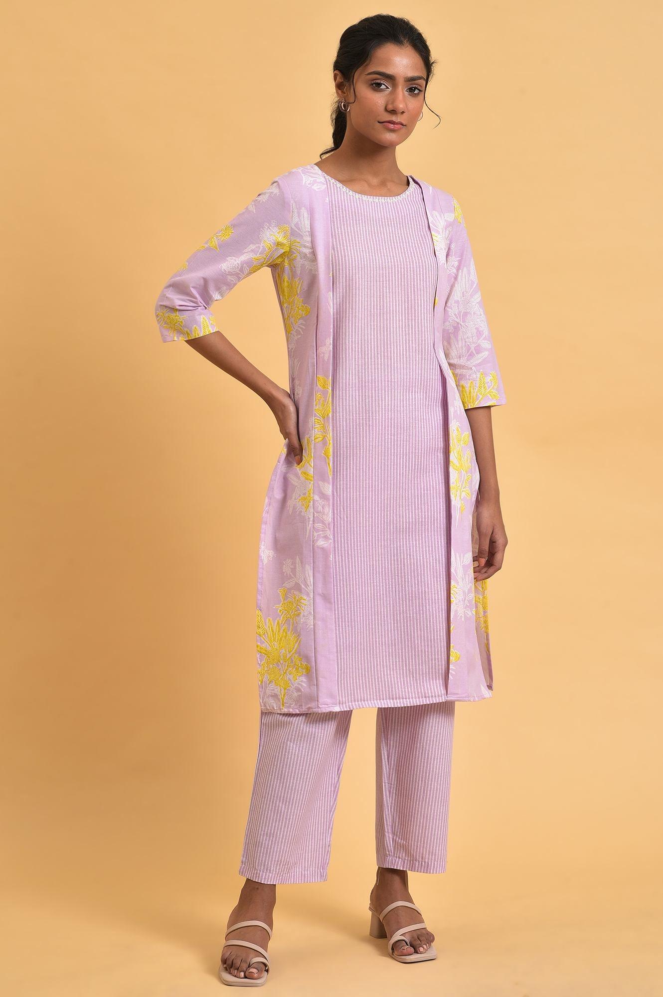 Light Purple Floral Print kurta Co-Ord Set - wforwoman