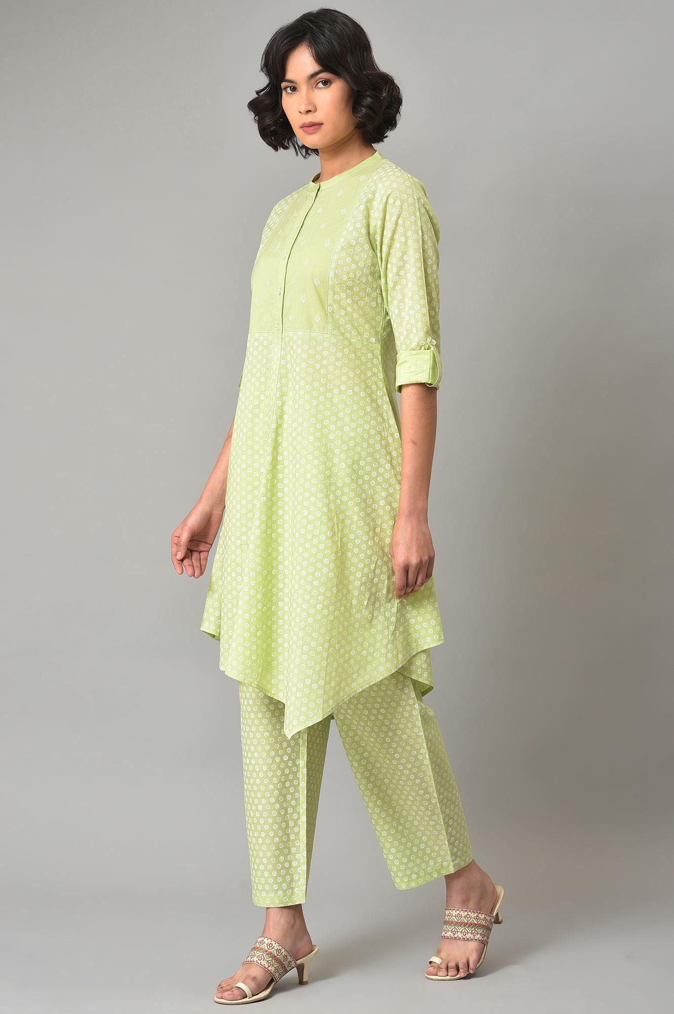 Pistachio Green Embroidered kurta And Pants Co-Ord Set - wforwoman