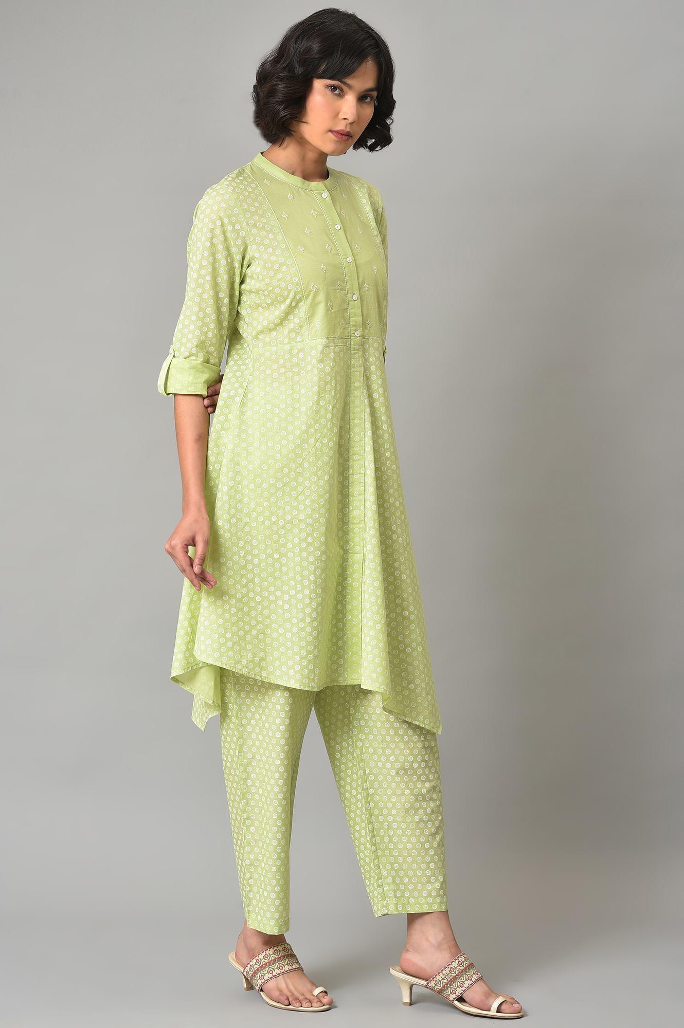 Pistachio Green Embroidered kurta And Pants Co-Ord Set - wforwoman