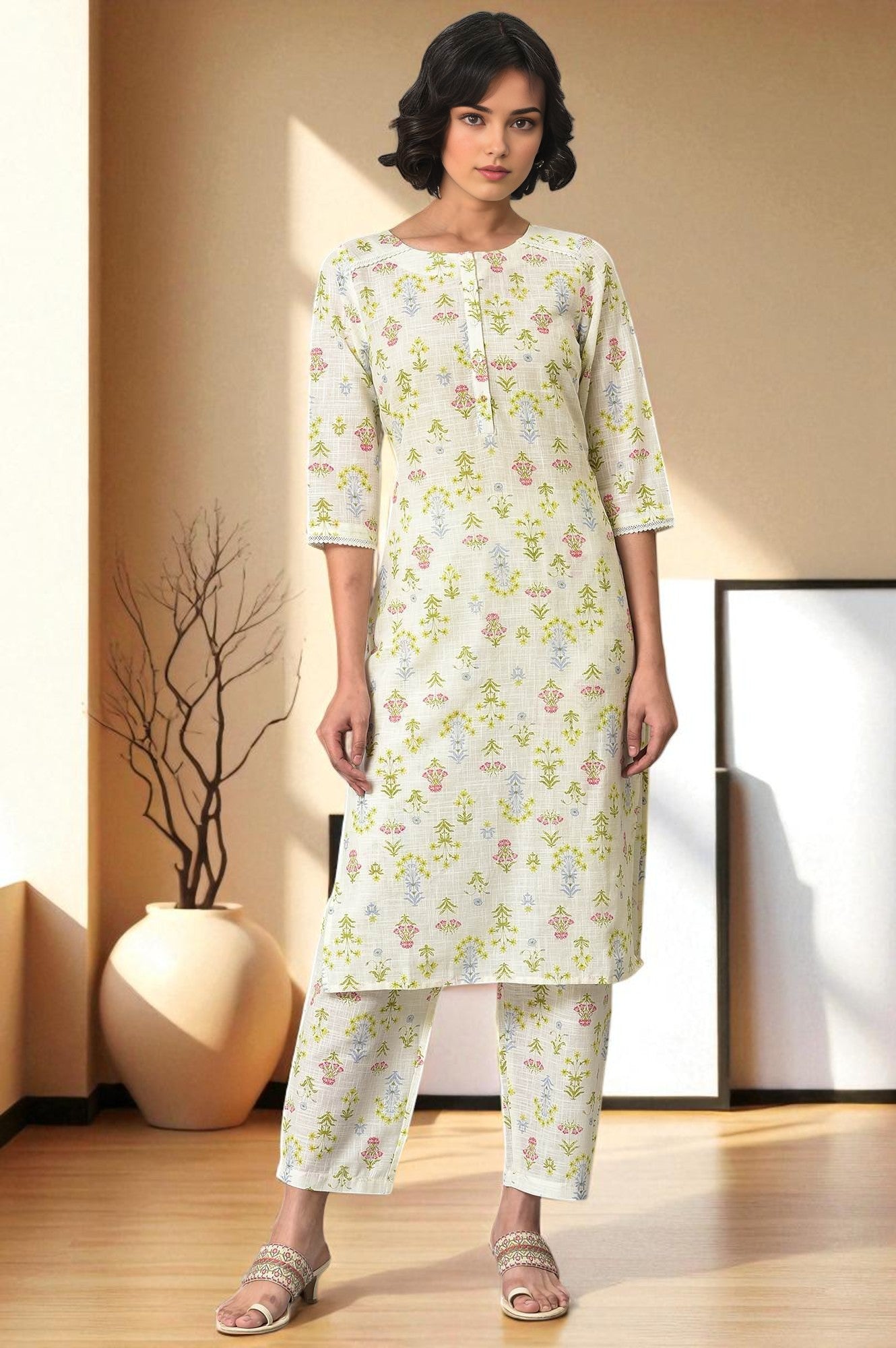 White Floral Printed Pure Cotton Straight Kurta and Pants Co-ord Set