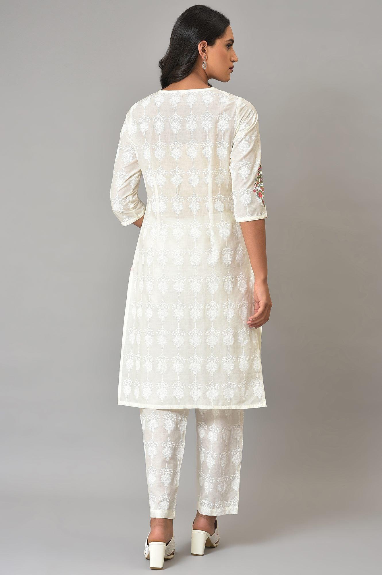 White Embroidered kurta And Pants Co-Ord Sets - wforwoman