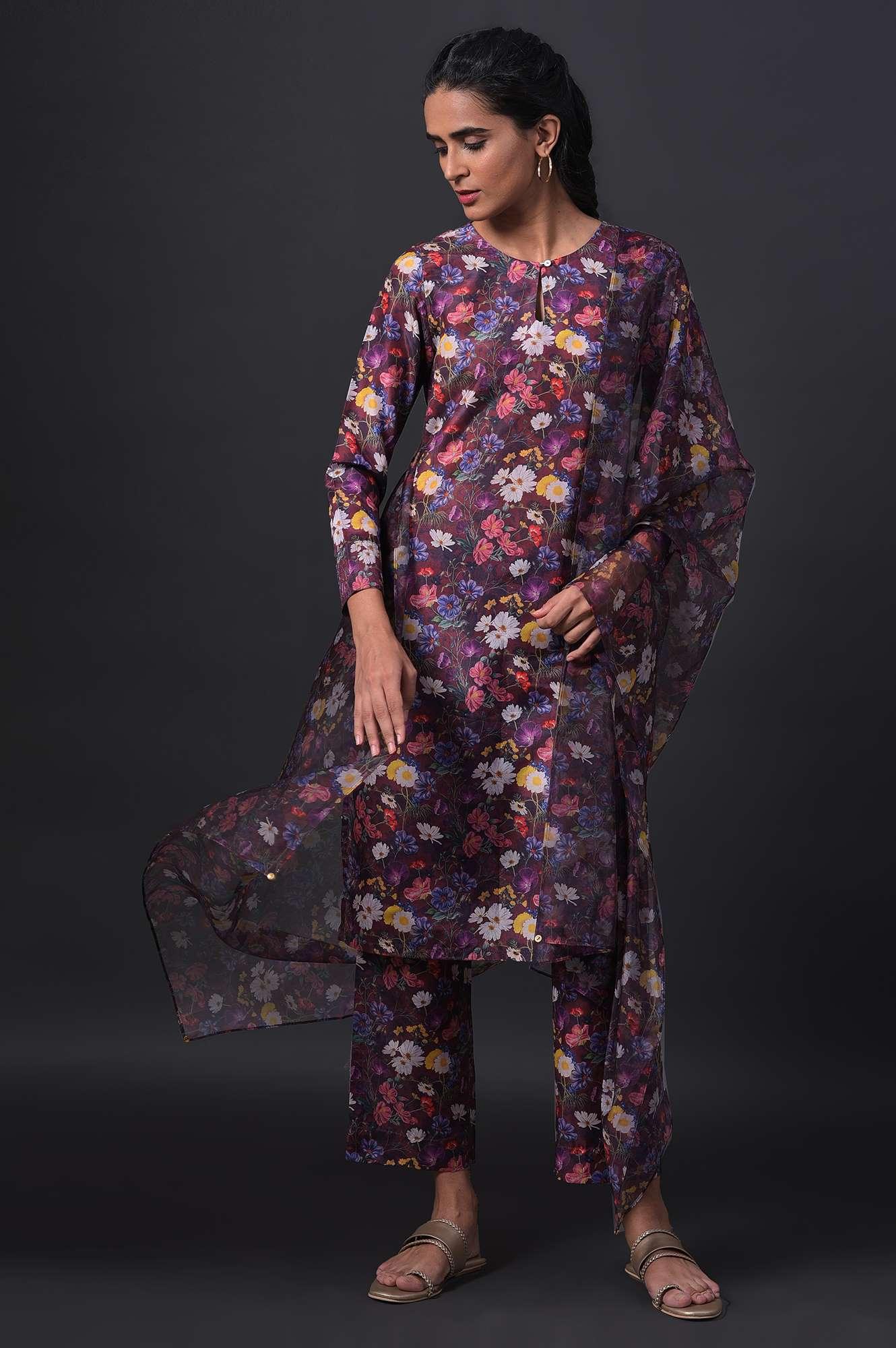 Dark Red Floral Print kurta With Straight Pants And Organza Dupatta - wforwoman