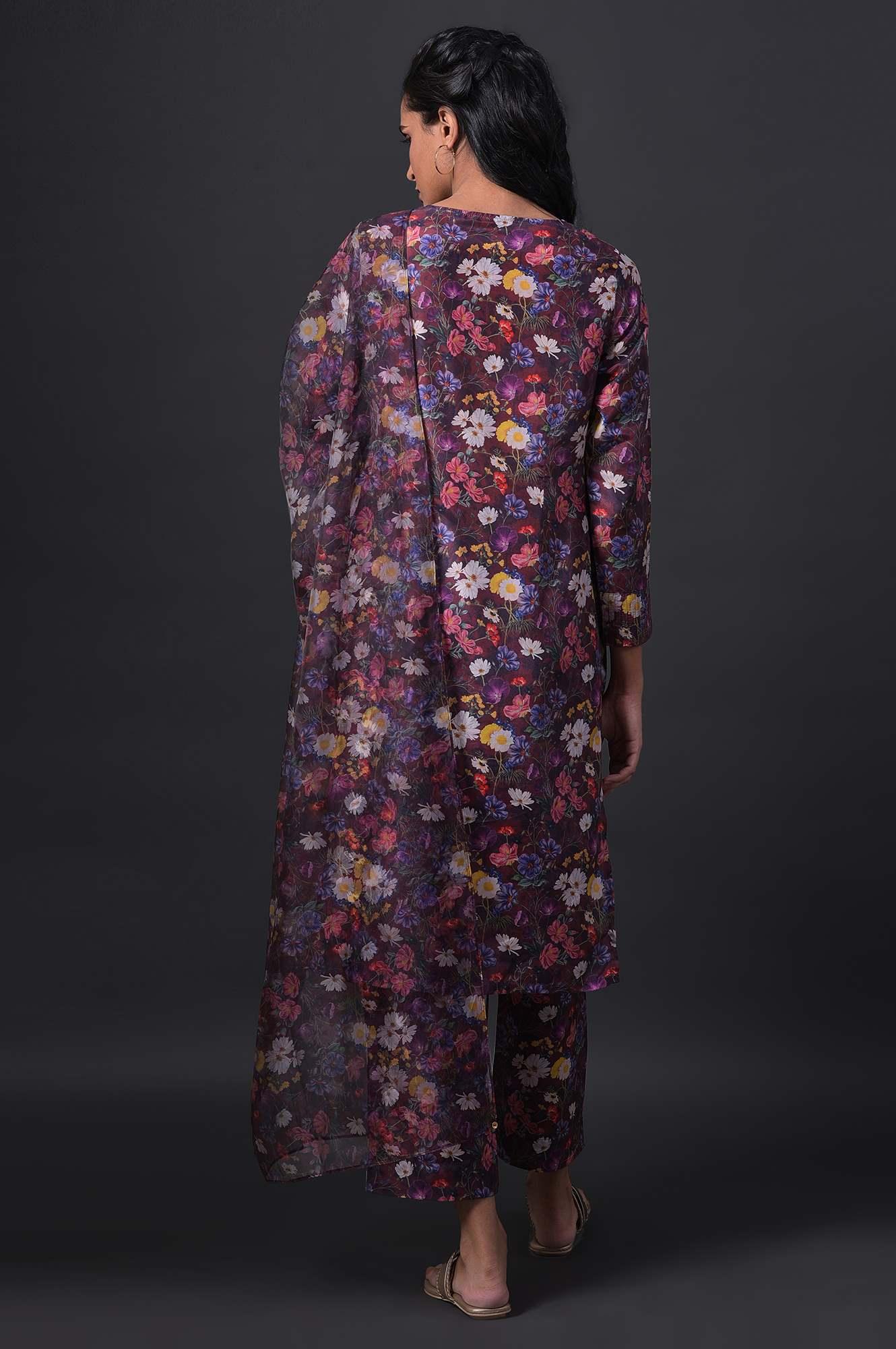 Dark Red Floral Print kurta With Straight Pants And Organza Dupatta - wforwoman