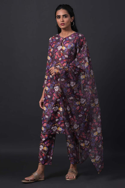 Dark Red Floral Print kurta With Straight Pants And Organza Dupatta - wforwoman