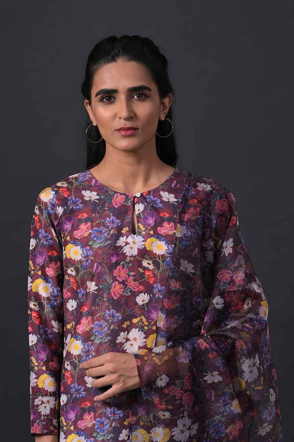 Dark Red Floral Print kurta With Straight Pants And Organza Dupatta - wforwoman