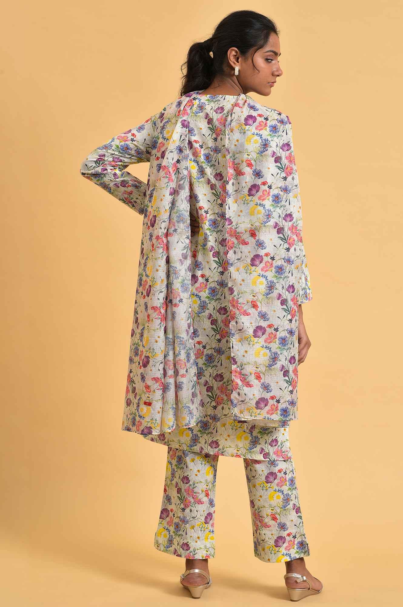 Ecru Floral Print-On-Print kurta Set - wforwoman