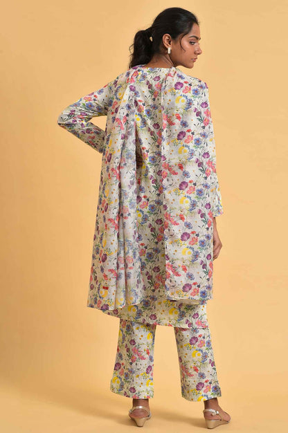 Ecru Floral Print-On-Print kurta Set - wforwoman