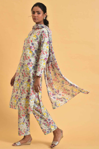 Ecru Floral Print-On-Print kurta Set - wforwoman