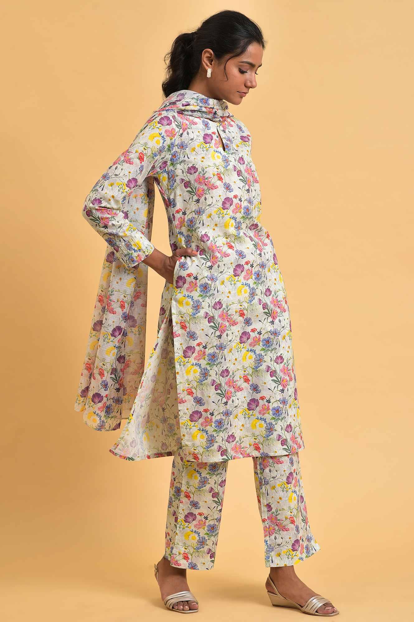 Ecru Floral Print-On-Print kurta Set - wforwoman