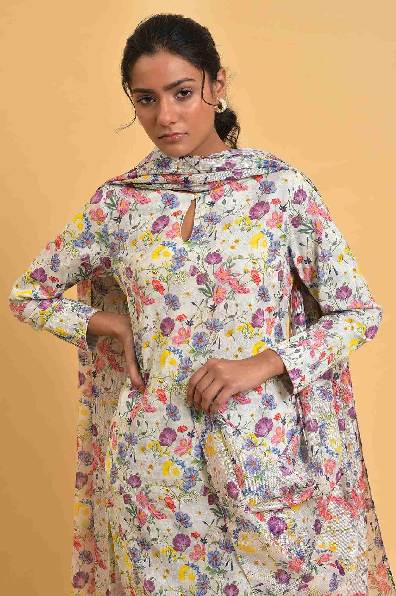 Ecru Floral Print-On-Print kurta Set - wforwoman