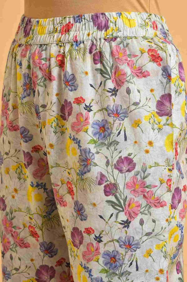 Ecru Floral Print-On-Print kurta Set