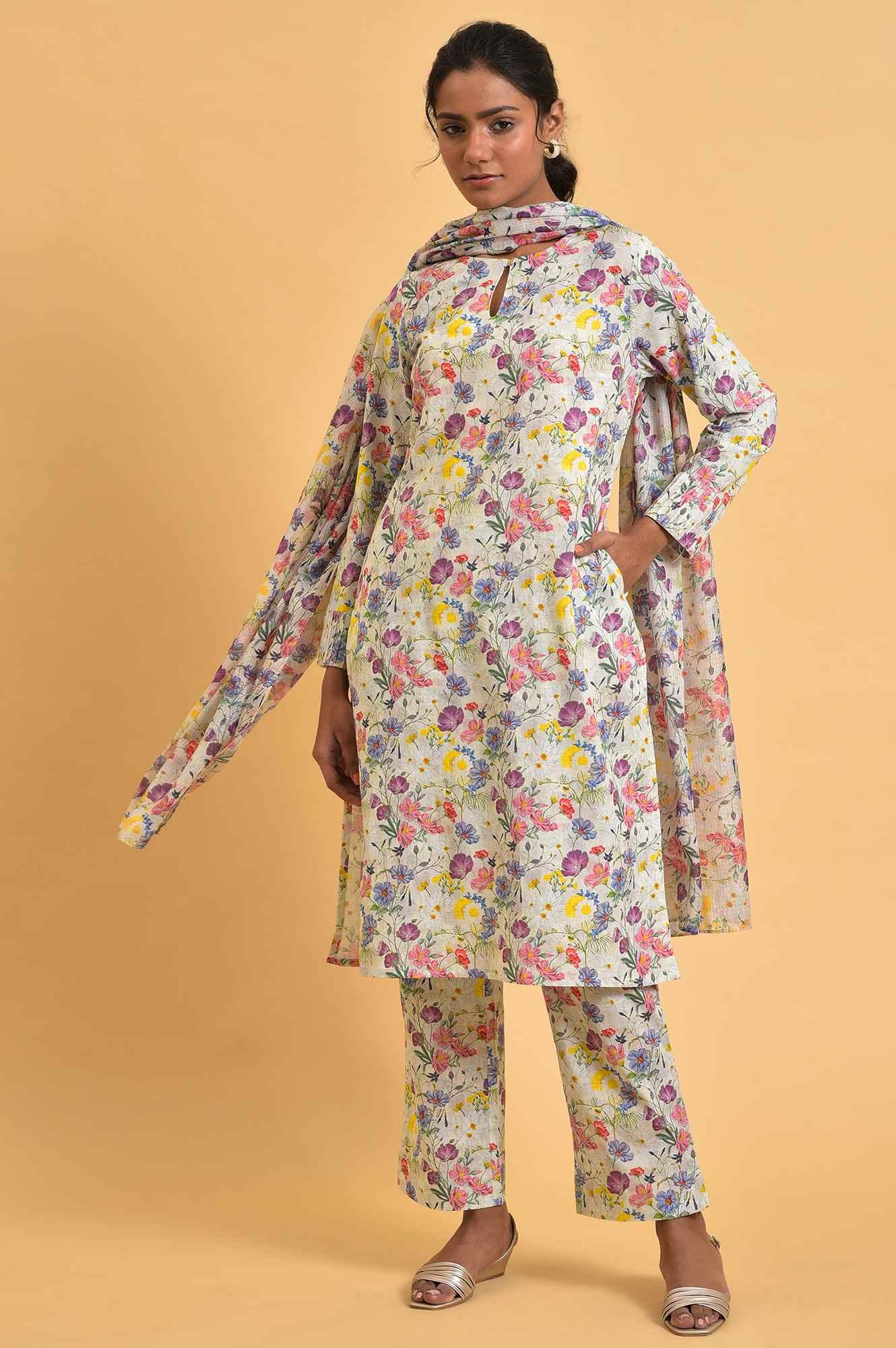Ecru Floral Print-On-Print kurta Set - wforwoman