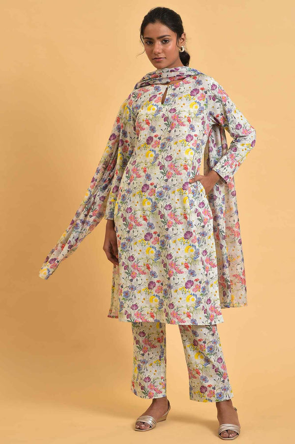 Ecru Floral Print-On-Print kurta Set