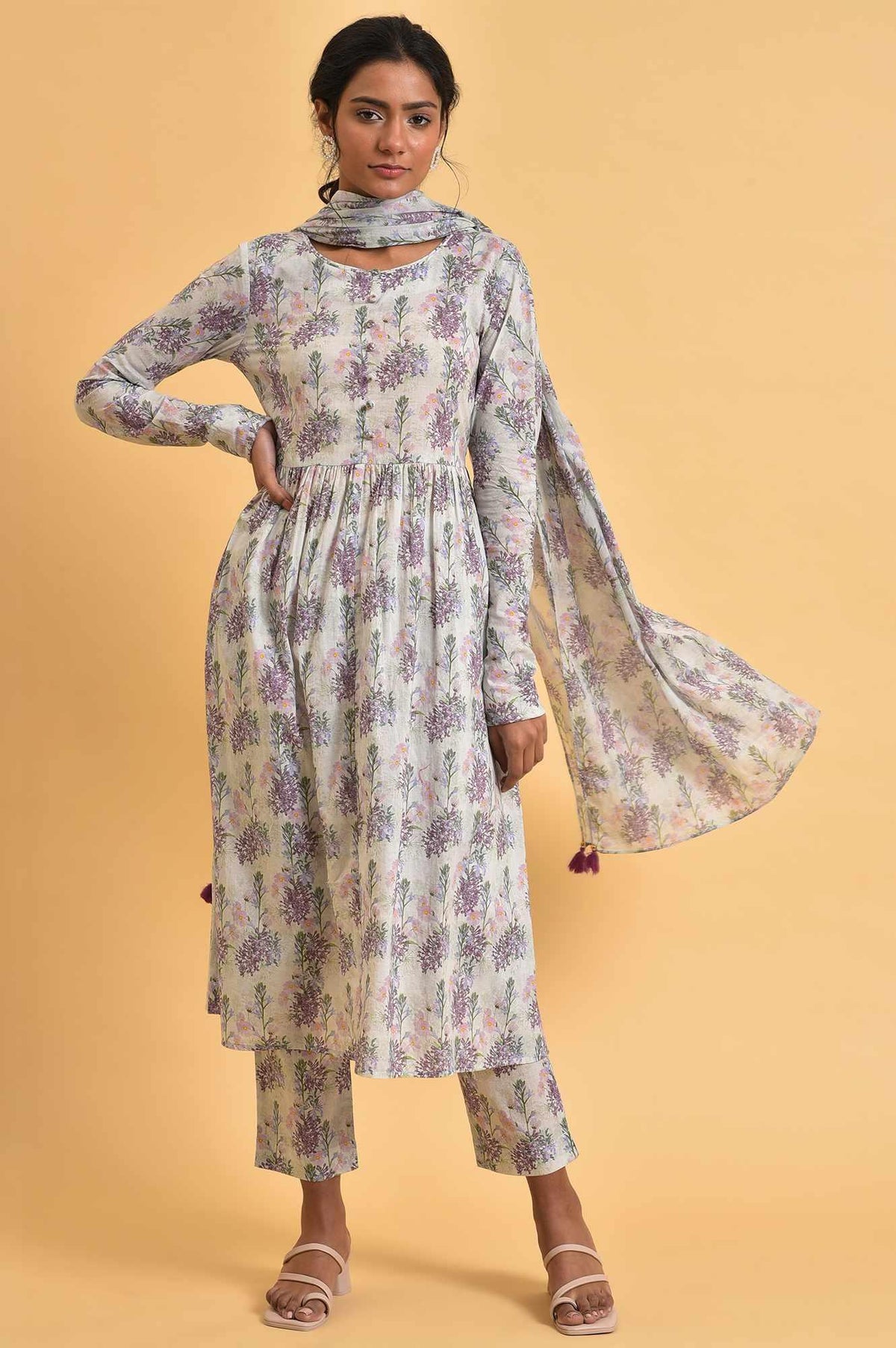 Ecru Floral Printed Cotton kurta Set - XS