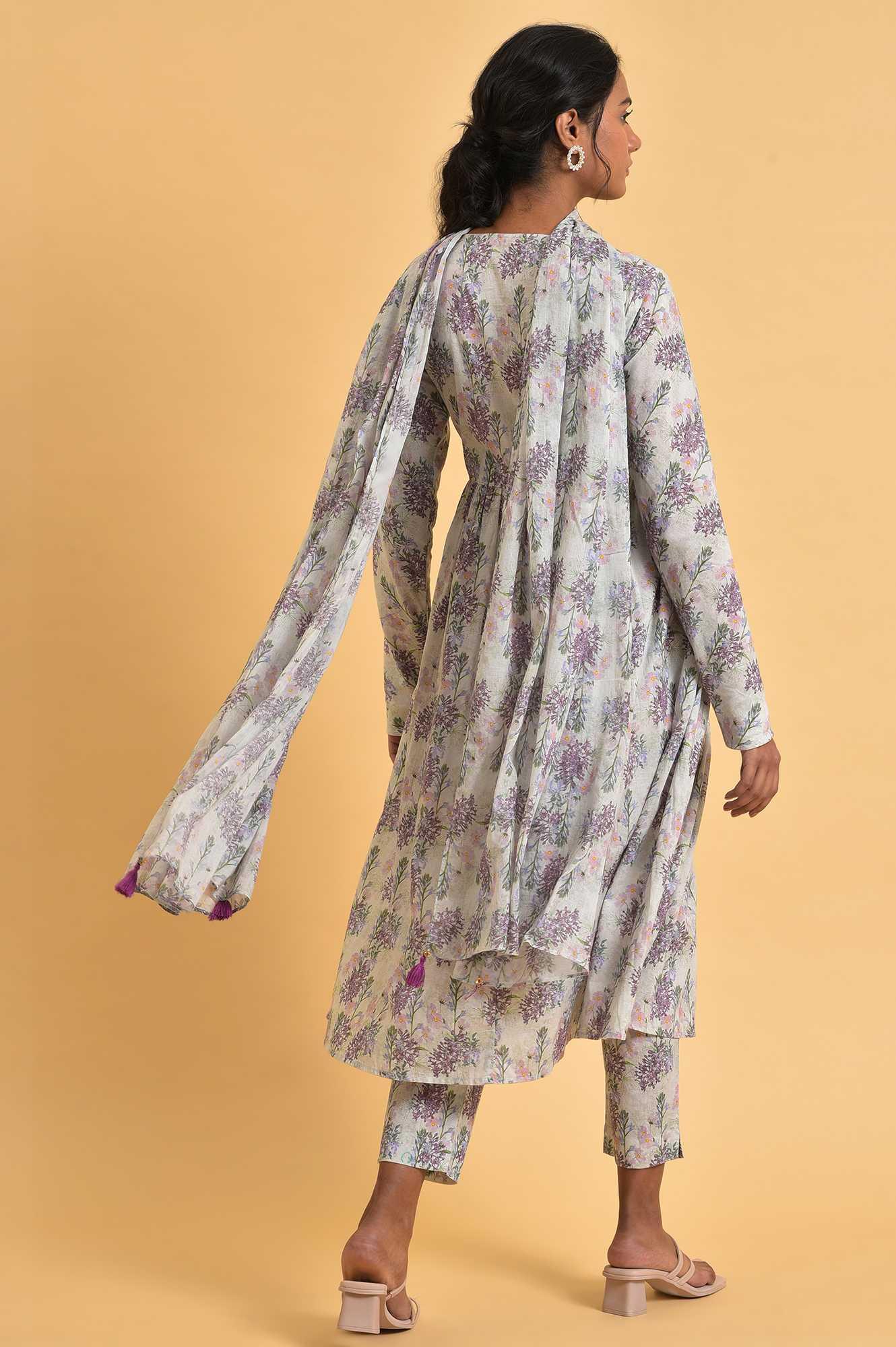 Ecru Floral Printed Cotton kurta Set - wforwoman
