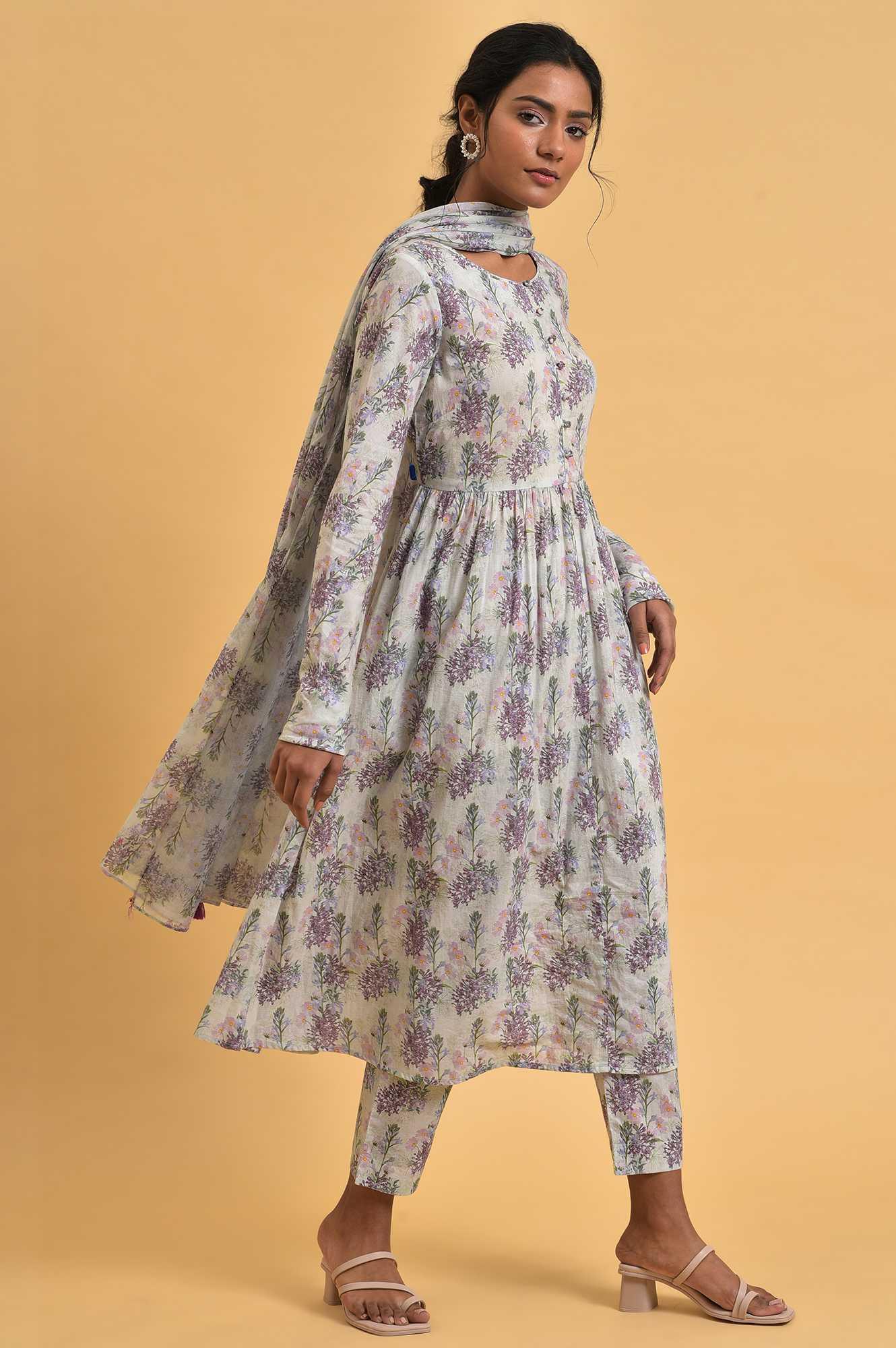 Ecru Floral Printed Cotton kurta Set - wforwoman