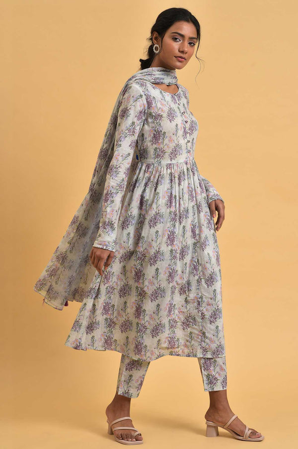 Ecru Floral Printed Cotton kurta Set