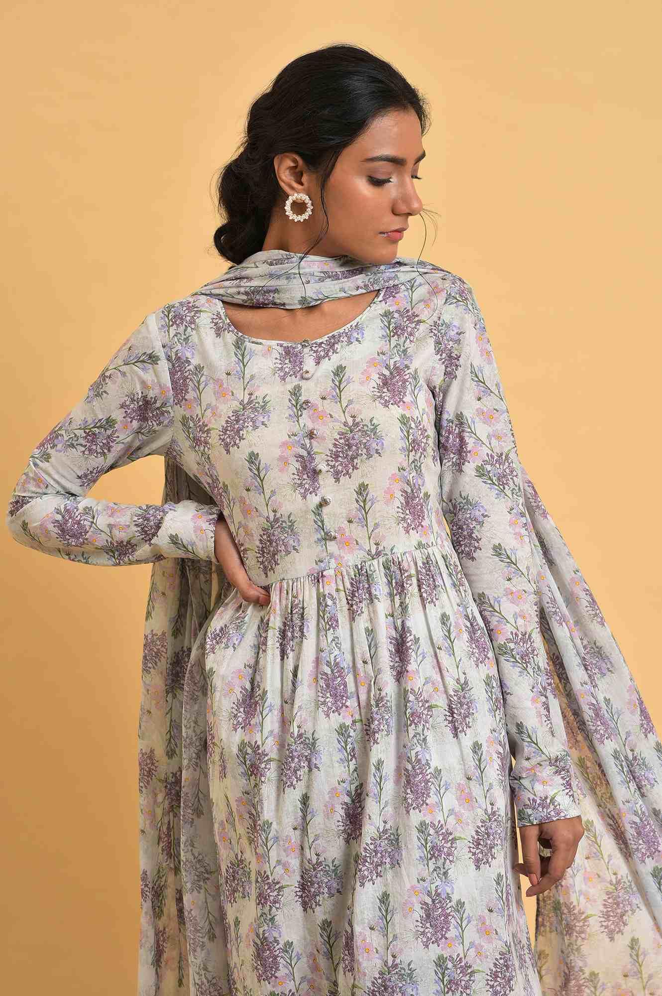 Ecru Floral Printed Cotton kurta Set - wforwoman