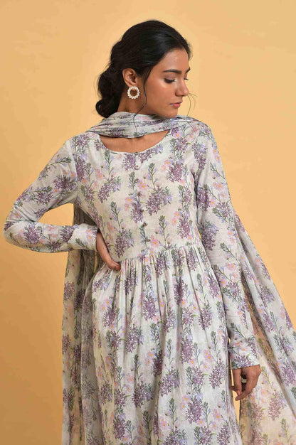 Ecru Floral Printed Cotton kurta Set - wforwoman