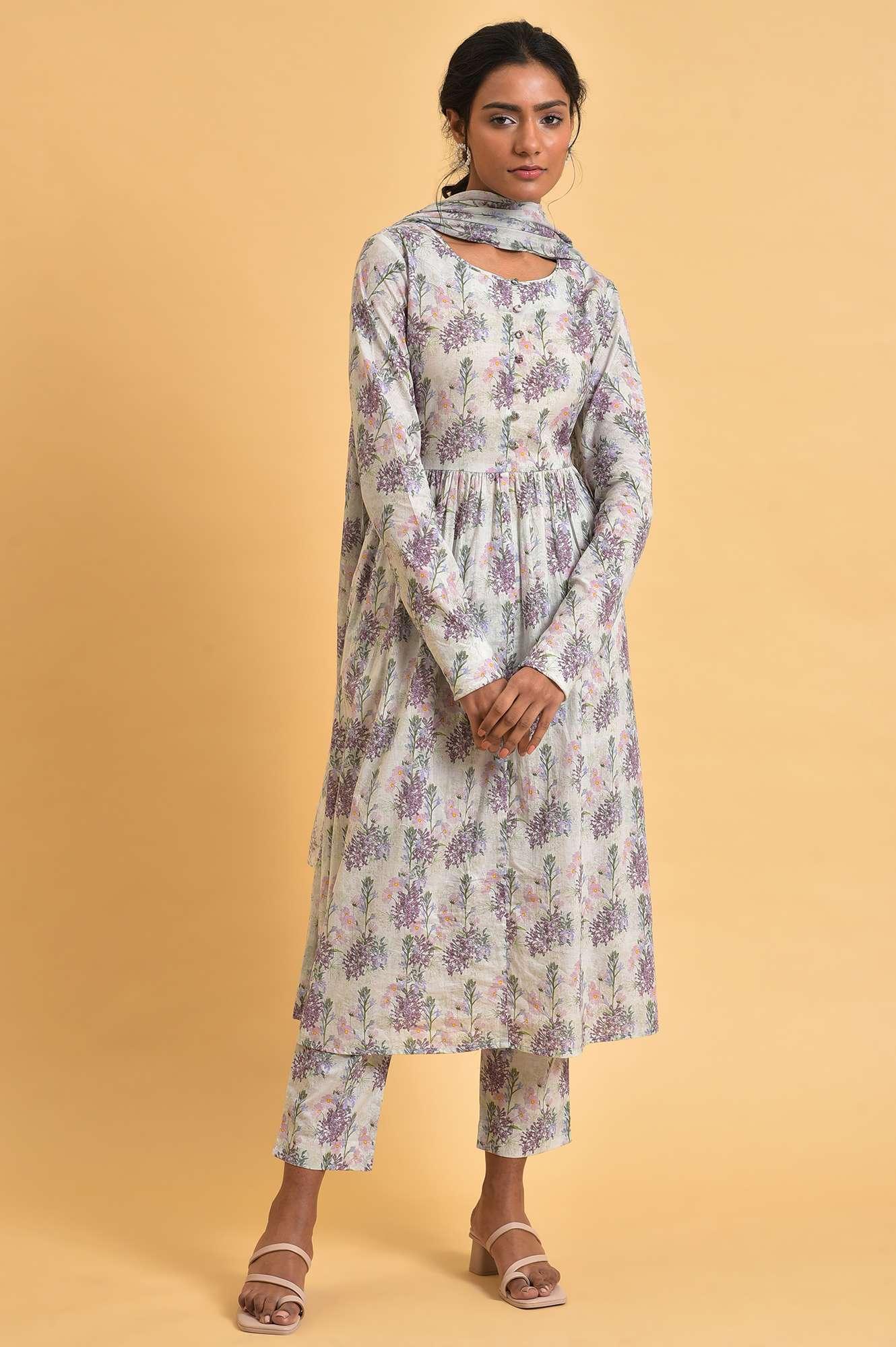 Ecru Floral Printed Cotton kurta Set - wforwoman