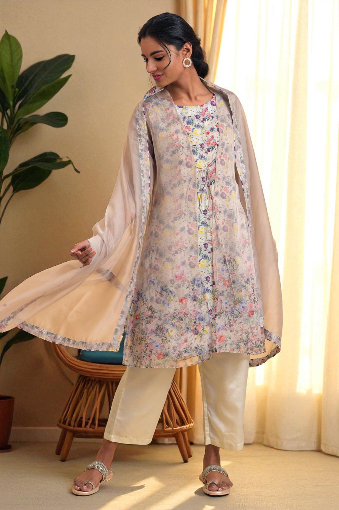 Ecru Floral Print Jacket kurta Set